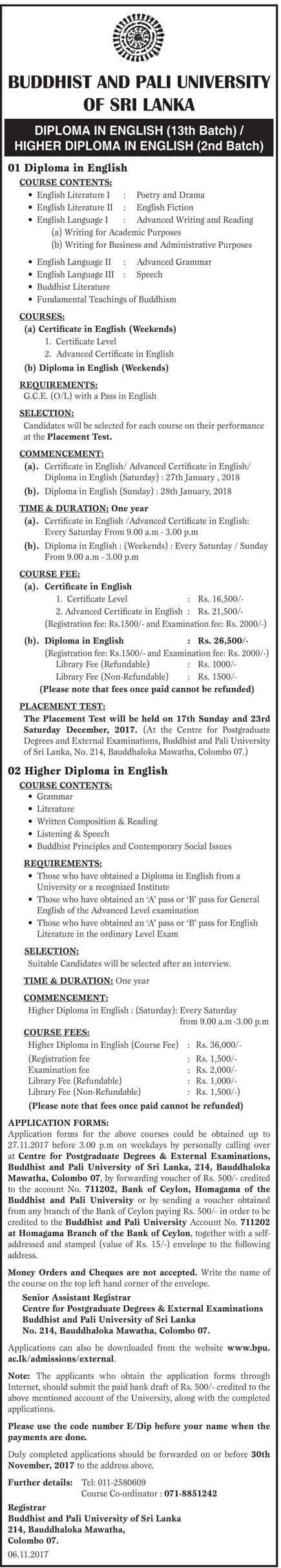 Diploma in English / Higher Diploma in English - Buddhist & Pali University of Srl Lanka